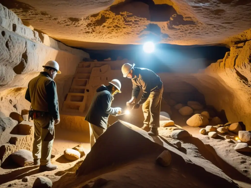 Equipo de arqueólogos descubriendo artefactos antiguos en una cámara subterránea iluminada por sus lámparas frontales