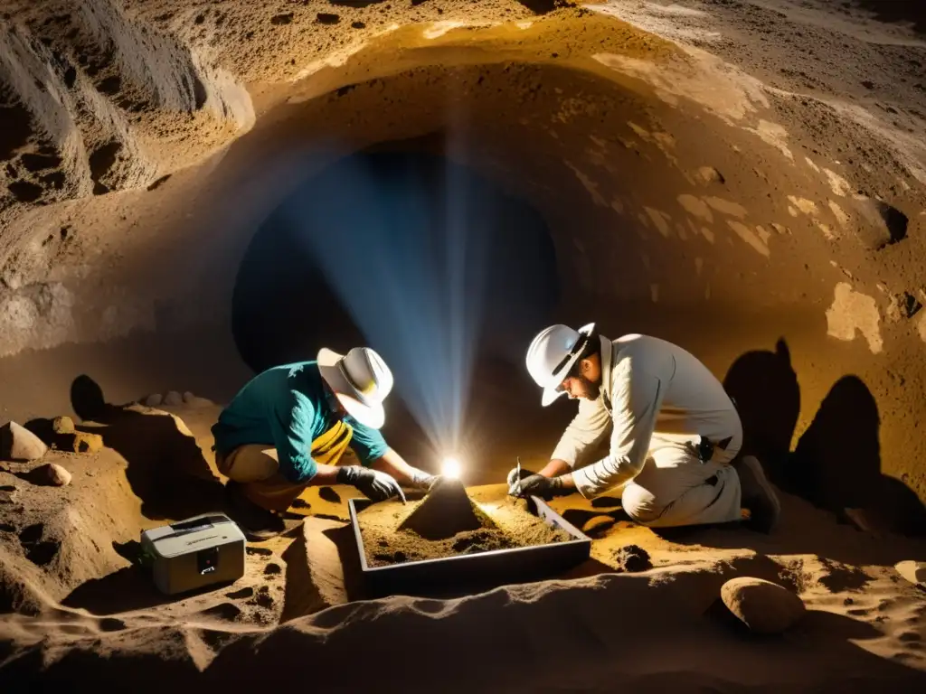 Equipo de arqueólogos preservando artefactos en sitio histórico subterráneo con determinación y tecnología avanzada