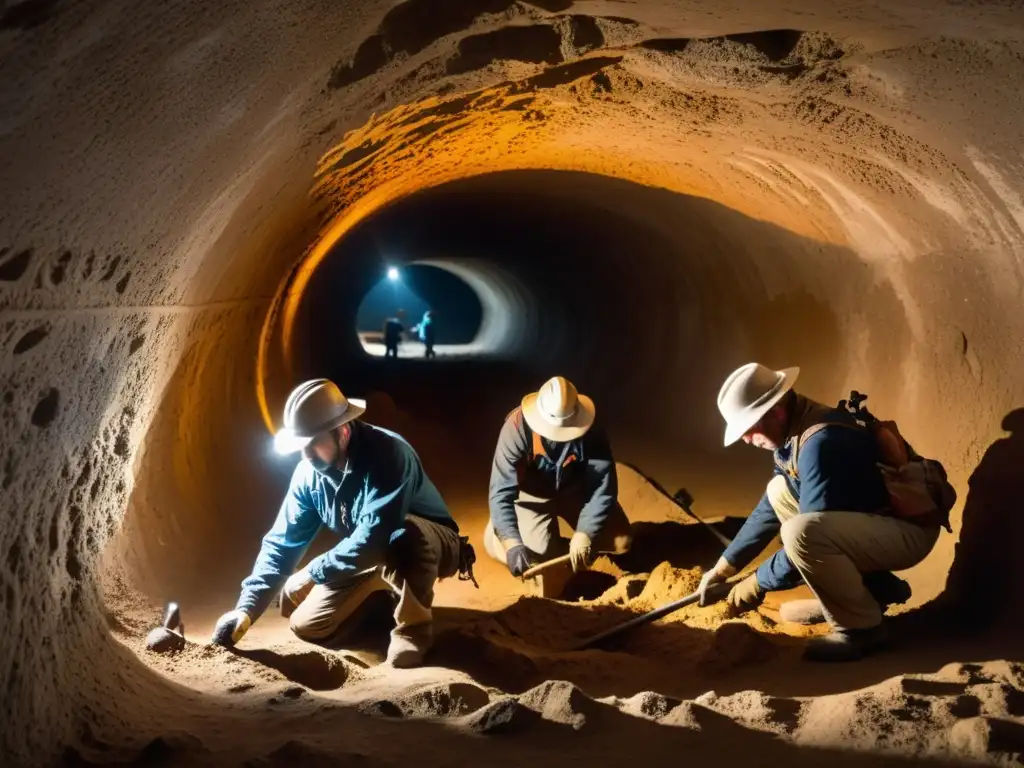 Equipo de arqueólogos descubriendo artefactos en túneles históricos, en una escena llena de misterio y descubrimiento arqueológico