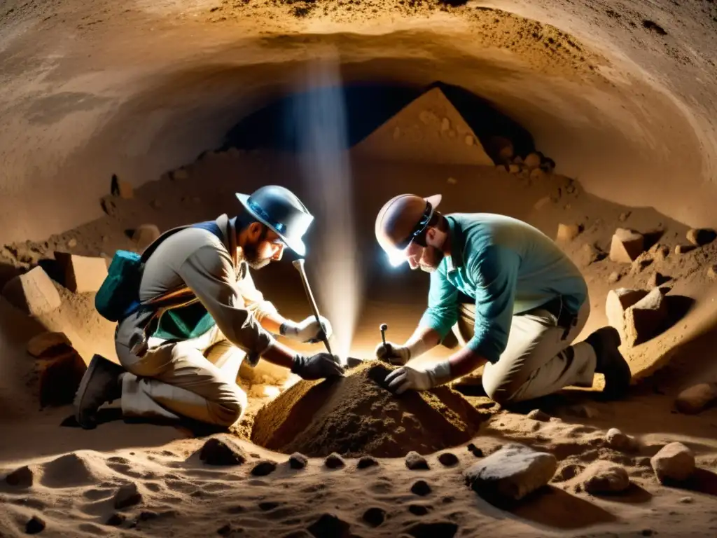 Un equipo de arqueólogos explorando una cámara subterránea antigua, protegida por leyes que resguardan maravillas subterráneas