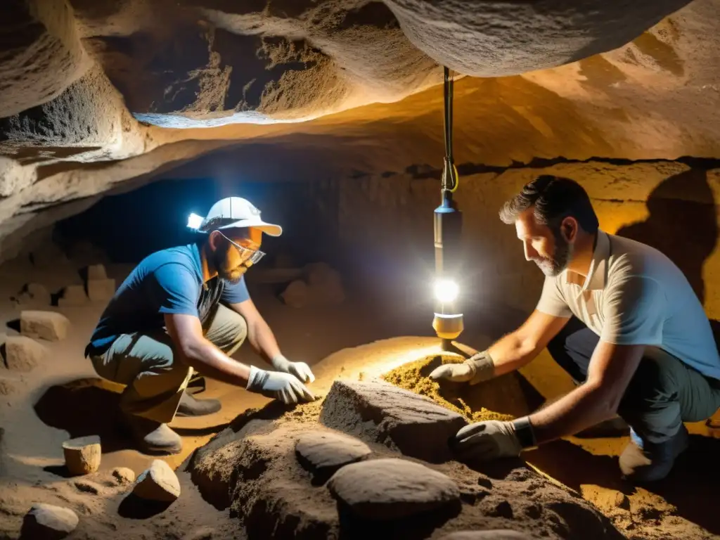 Equipo de arqueólogos excavando cámara subterránea, iluminando antiguas tallas en las paredes