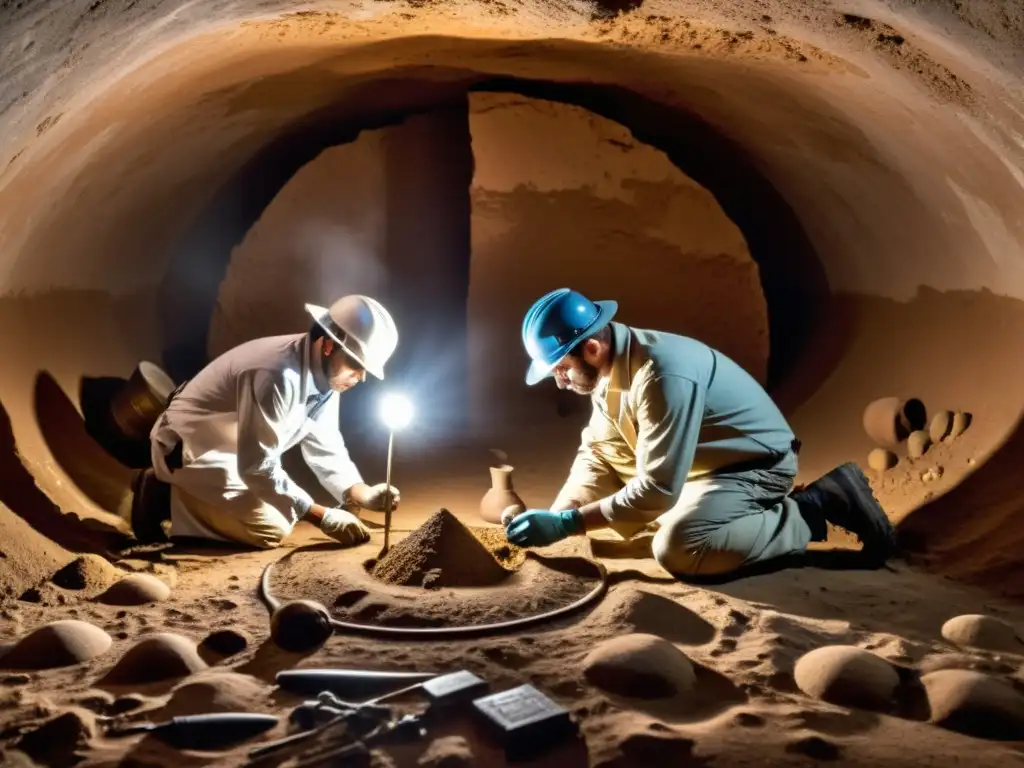 Equipo de arqueólogos explorando cámara subterránea, descubriendo artefactos e inscripciones antiguas