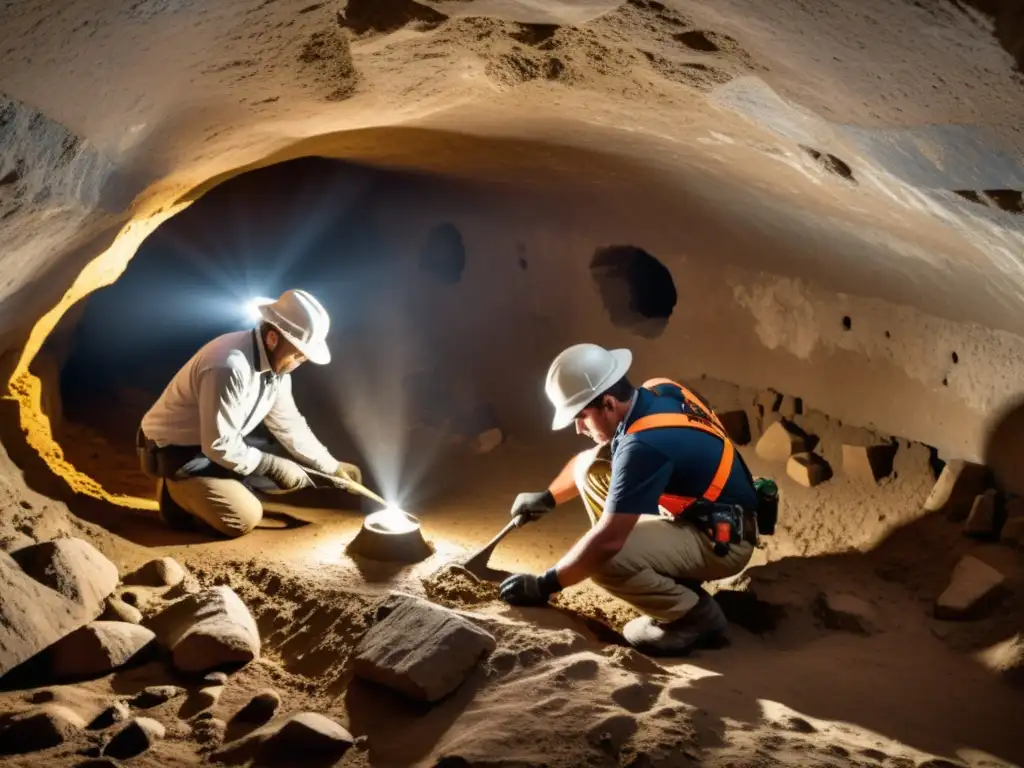 Equipo de arqueólogos explorando una cámara subterránea, descubriendo un fascinante artefacto preservado