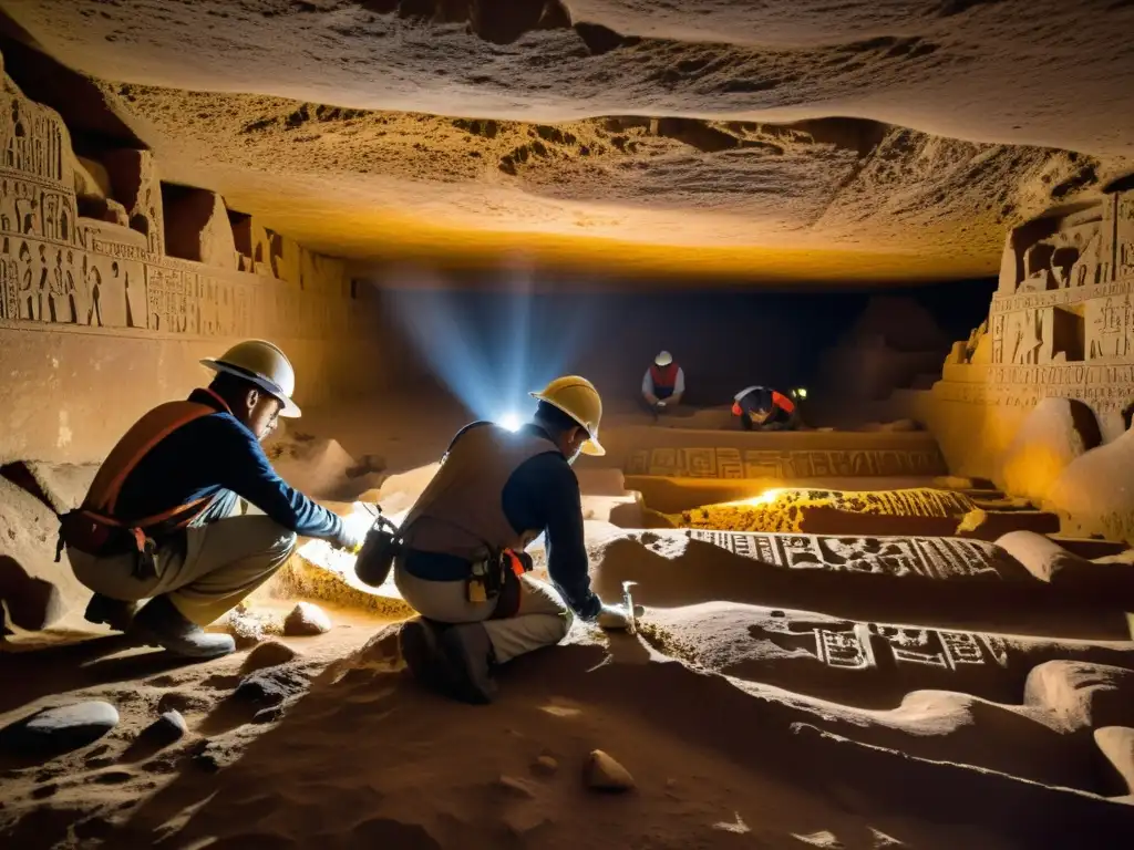 Equipo de arqueólogos explorando una cámara subterránea, desvelando tesoros antiguos en fascinantes exploraciones arqueológicas subterráneas