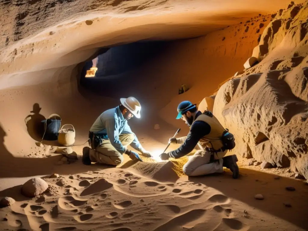 Equipo de arqueólogos descubriendo cámaras subterráneas en el desierto de Jordania, desenterrando antiguos tesoros y escrituras en la penumbra