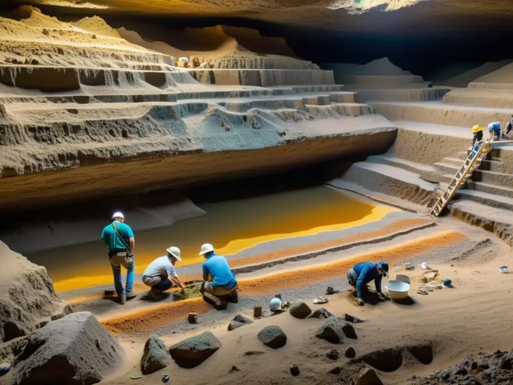 Equipo de arqueólogos excavando capas de sedimentación en un sitio subterráneo, historia de la estratigrafía subterránea