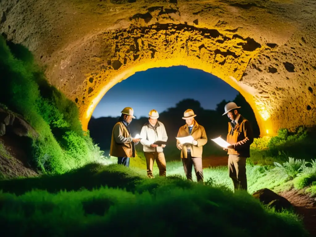 Equipo de arqueólogos y cazatesoros listos para explorar un túnel histórico, rodeados de vegetación exuberante