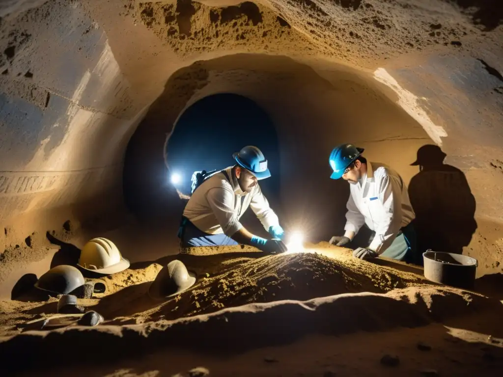 Equipo de arqueólogos descifrando códices subterráneos históricos en cámara antigua, iluminados por la luz de sus linternas