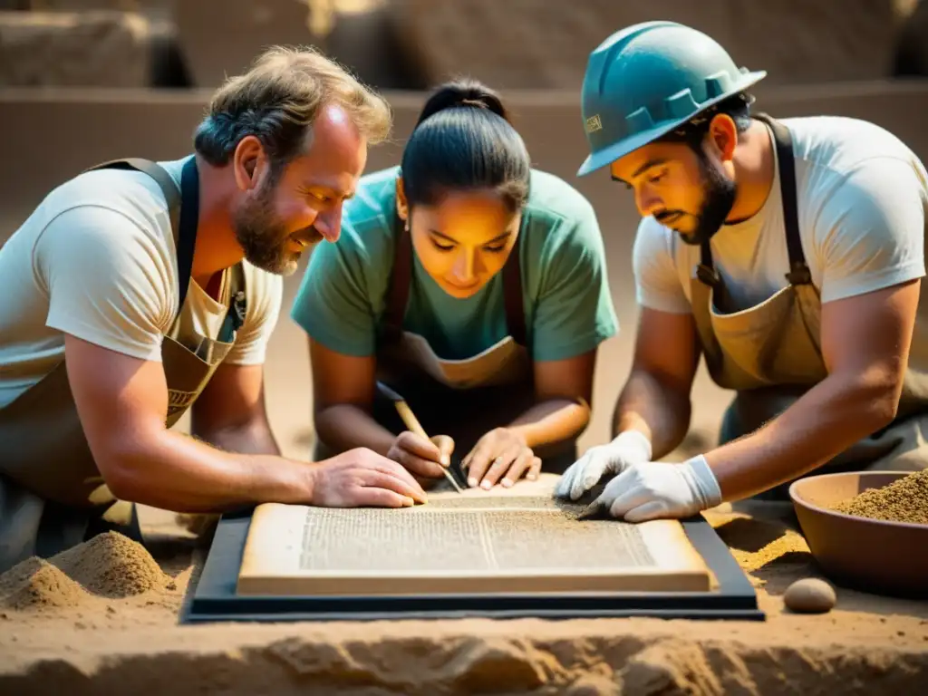 Equipo de arqueólogos descifrando códices subterráneos históricos con emoción y determinación, revelando secretos de antigua civilización