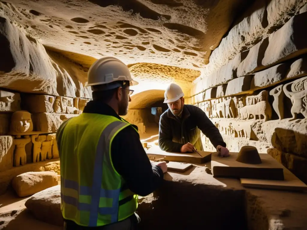 Un equipo de arqueólogos y conservadores restaurando sitios históricos subterráneos con delicadeza, resaltando su rica historia y significado cultural