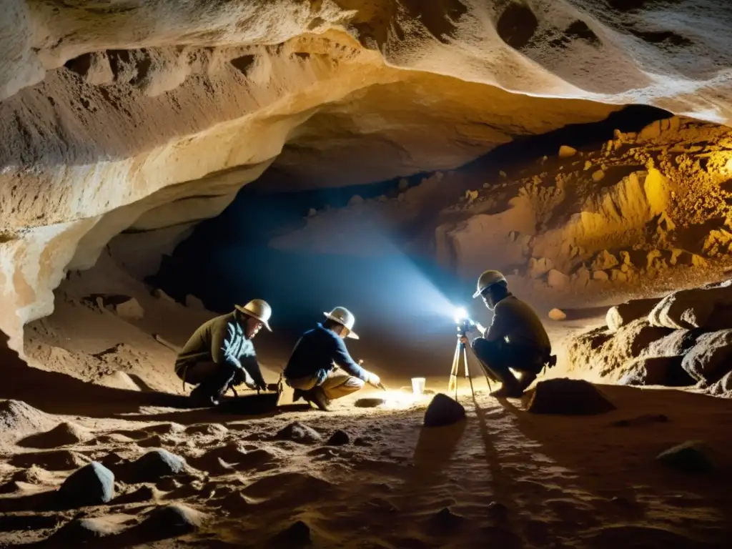 Un equipo de arqueólogos excava una cueva en Atapuerca, España, iluminando antiguas formaciones rocosas y restos prehistóricos