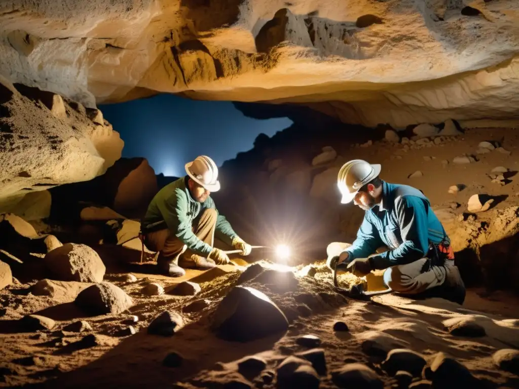 Un equipo de arqueólogos excava cuidadosamente una cueva iluminada por linternas, revelando antiguas formaciones rocosas y misteriosos artefactos