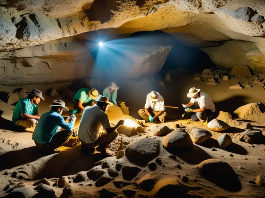 Un equipo de arqueólogos y paleontólogos excava meticulosamente una cueva en las tierras bajas mayas