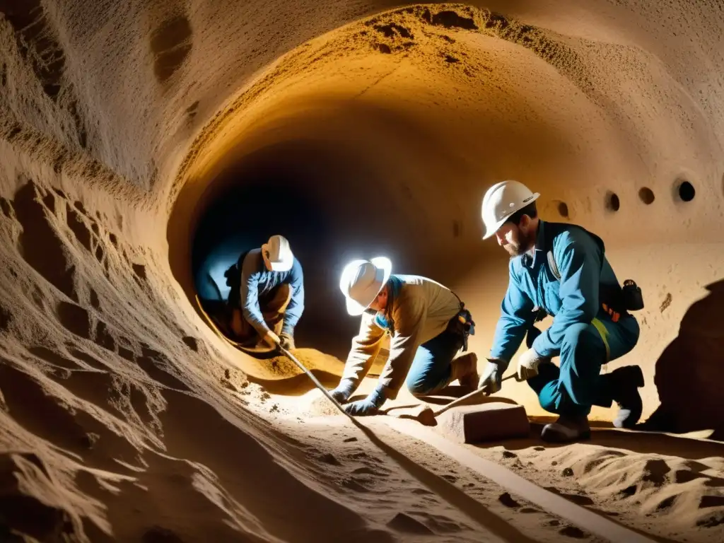 Un equipo de arqueólogos excava con cuidado un antiguo túnel, iluminados por suaves luces y descubriendo inscripciones y artefactos