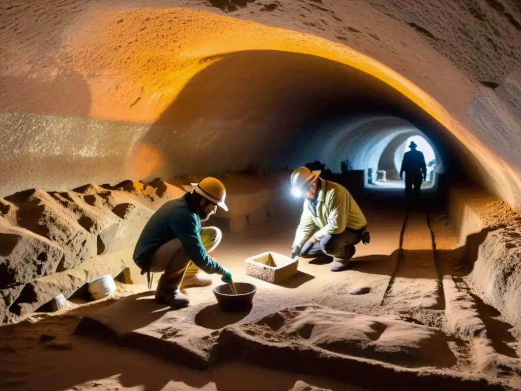 Equipo de arqueólogos excavando con cuidado en una cámara subterránea, revelando tesoros antiguos