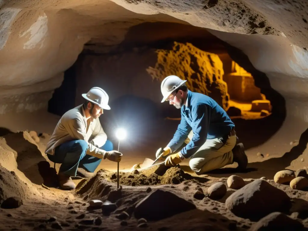 Equipo de arqueólogos excavando con cuidado una cámara subterránea, conservación sitios subterráneos arqueológicos