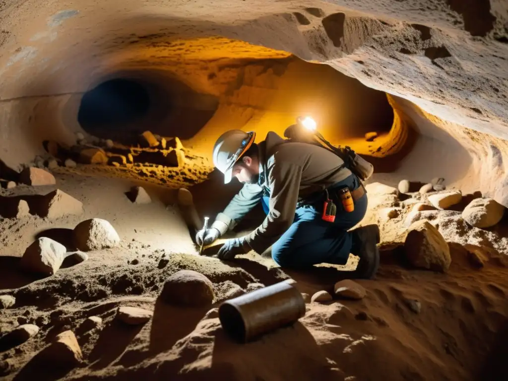 Equipo de arqueólogos excavando con cuidado una estructura subterránea histórica, revelando artefactos y carvings