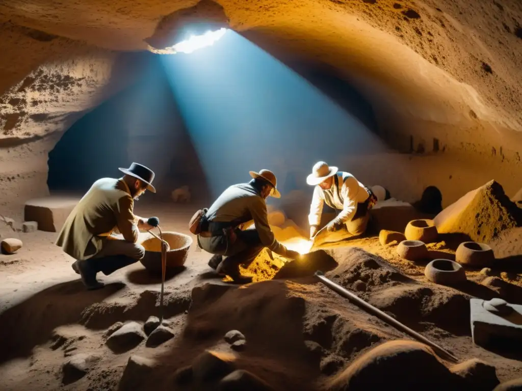 Equipo de arqueólogos preservando con cuidado ruinas subterráneas, iluminados por luz cálida