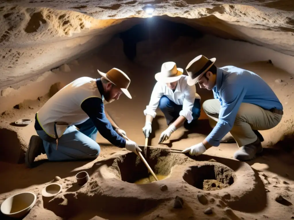 Un equipo de arqueólogos excavando con cuidado un sitio subterráneo, bañados en luz natural mientras descubren y preservan el patrimonio subterráneo