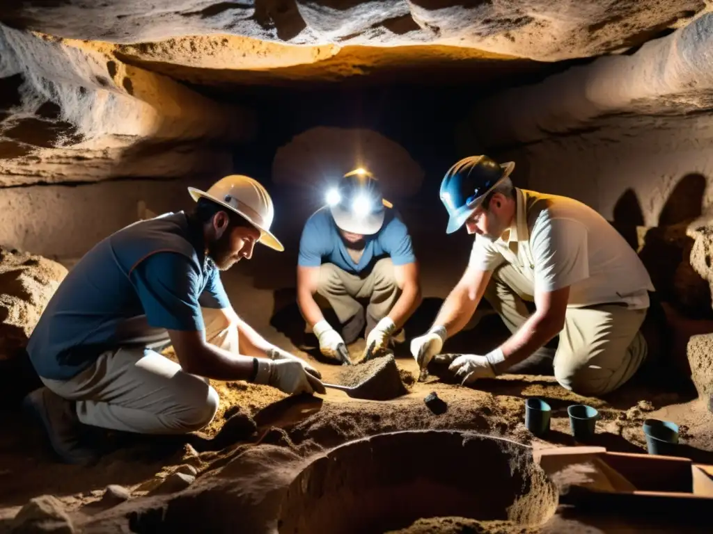 Equipo de arqueólogos excava con cuidado en sitio subterráneo, revelando artefactos antiguos bajo tierra