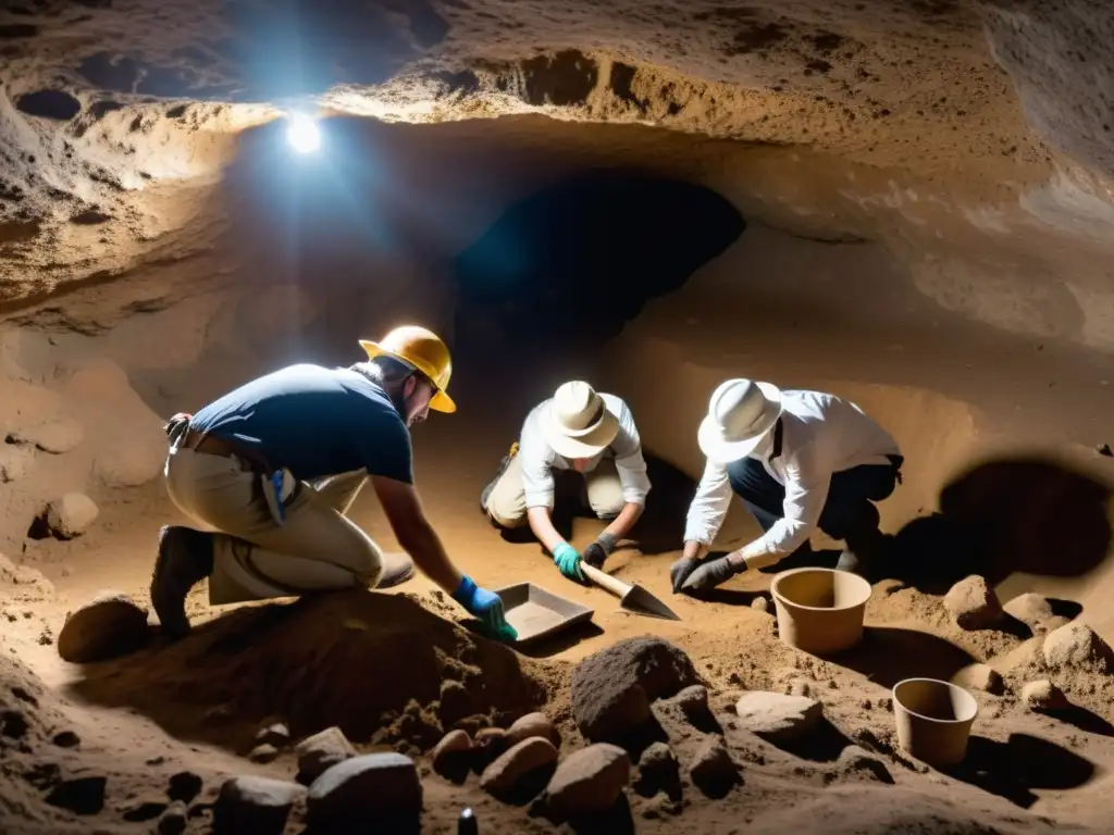 Un equipo de arqueólogos excava con cuidado en un sitio subterráneo, mostrando herramientas esenciales para la conservación del patrimonio subterráneo