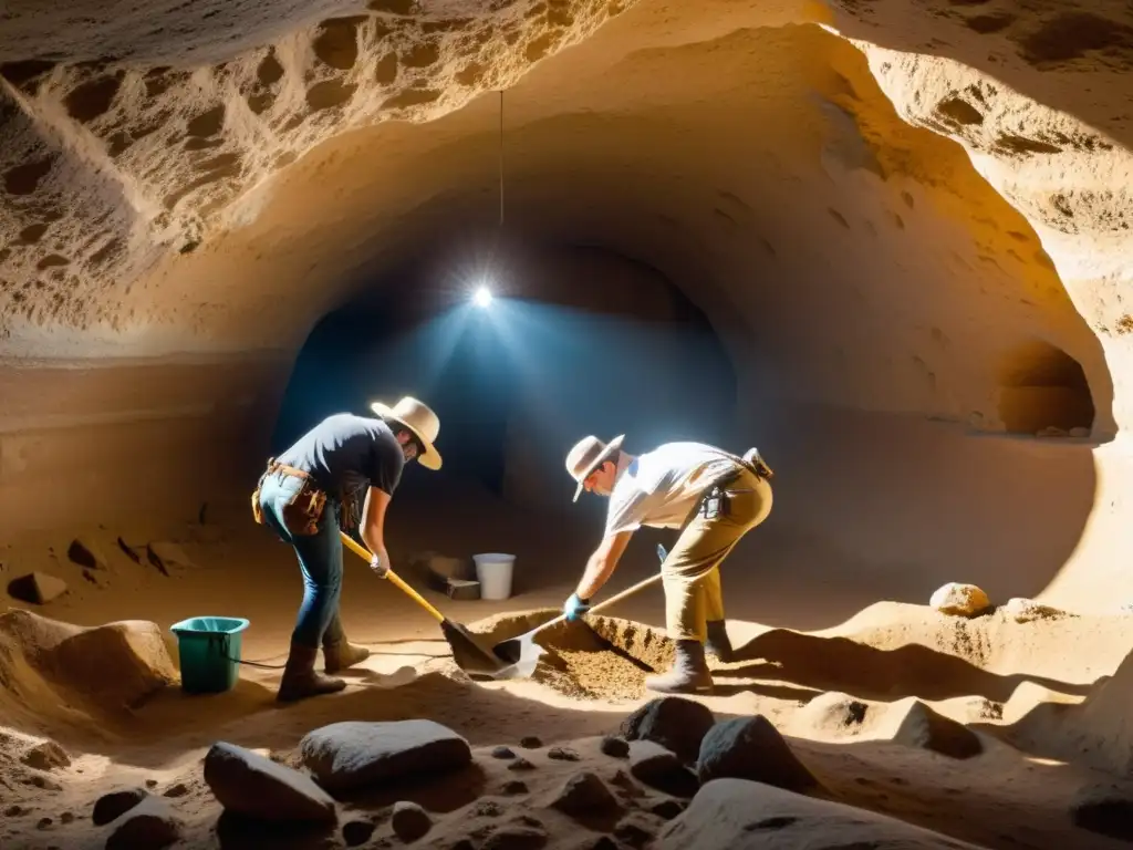 Equipo de arqueólogos excavando con cuidado un sitio arqueológico subterráneo, preservando el legado subterráneo con herramientas esenciales