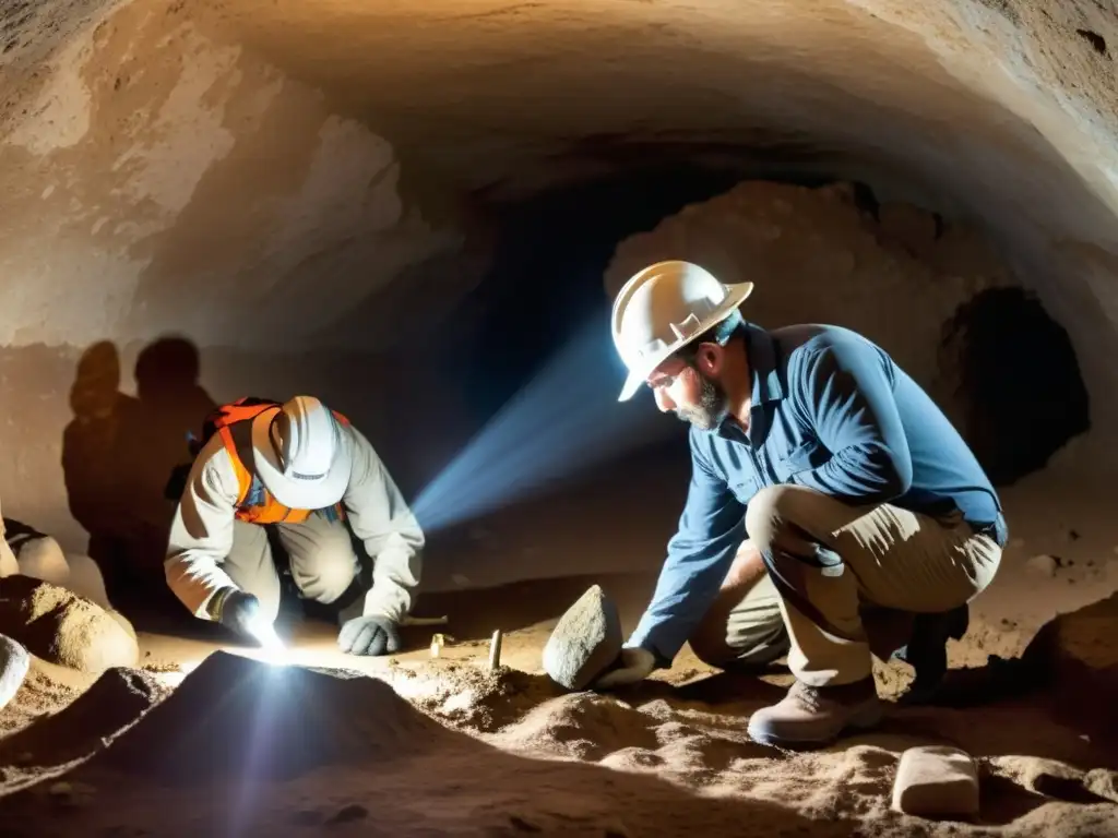 Excavación subterránea: Descubriendo el misterio antiguo Equipo de arqueólogos excavando con cuidado un sitio subterráneo, utilizando herramientas delicadas para descubrir artefactos antiguos