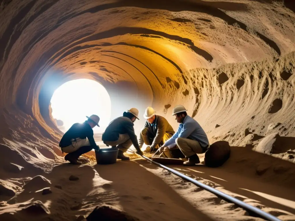 Equipo de arqueólogos excavando con cuidado en un túnel subterráneo, resaltando la importancia de la arqueología subterránea