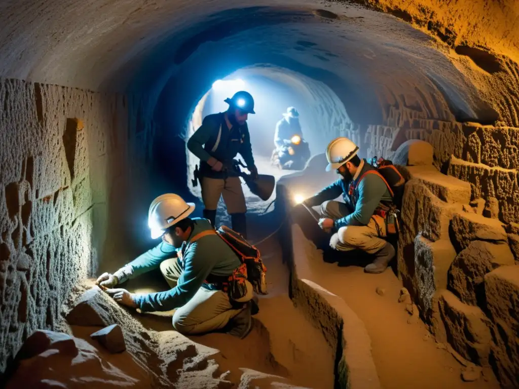 Equipo de arqueólogos explorando con cuidado un túnel antiguo, iluminado por lámparas frontales