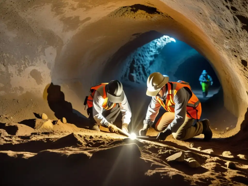 Un equipo de arqueólogos excavando con cuidado un túnel histórico en busca de tesoros enterrados, revelando secretos del pasado