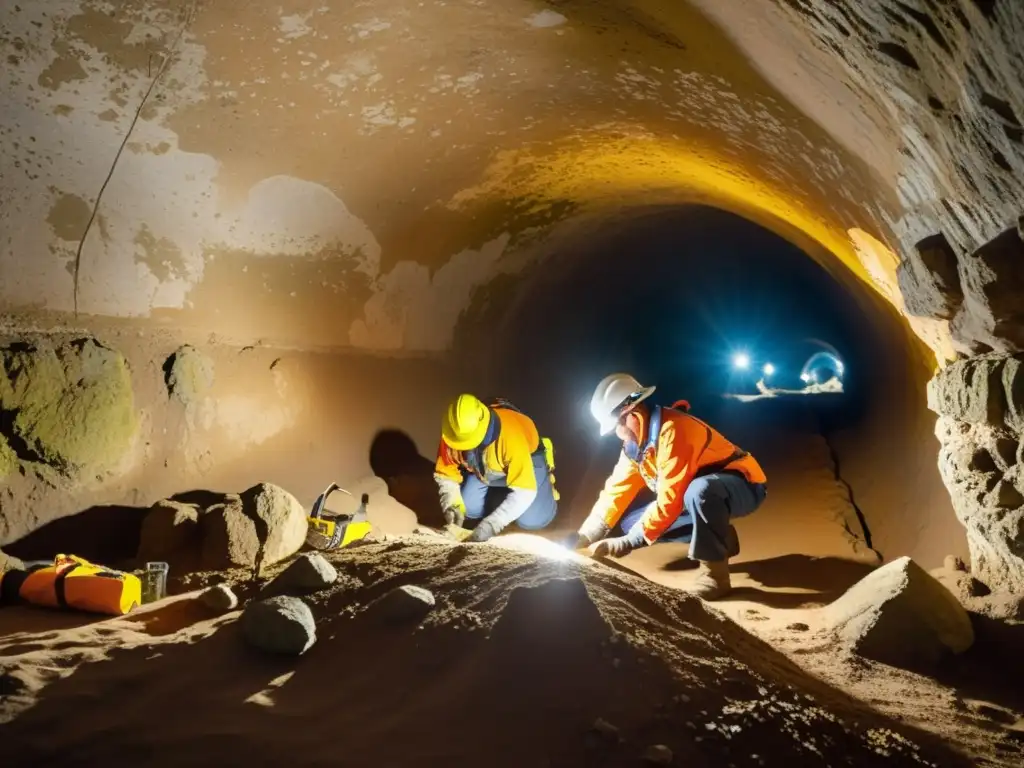 Un equipo de arqueólogos excava con cuidado un túnel histórico, iluminado por luz natural, revelando antiguos tesoros