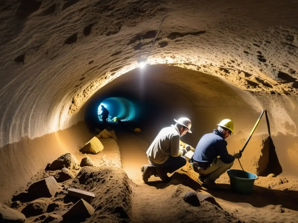 Equipo de arqueólogos excavando con cuidado un túnel subterráneo, revelando inscripciones antiguas y artefactos