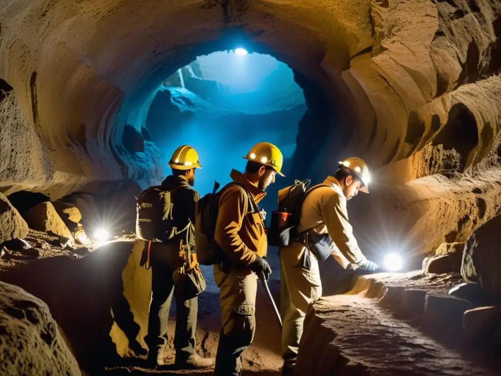 Equipo de arqueólogos explorando con cuidado un túnel subterráneo, descubriendo antiguas inscripciones y artefactos en un ambiente misterioso