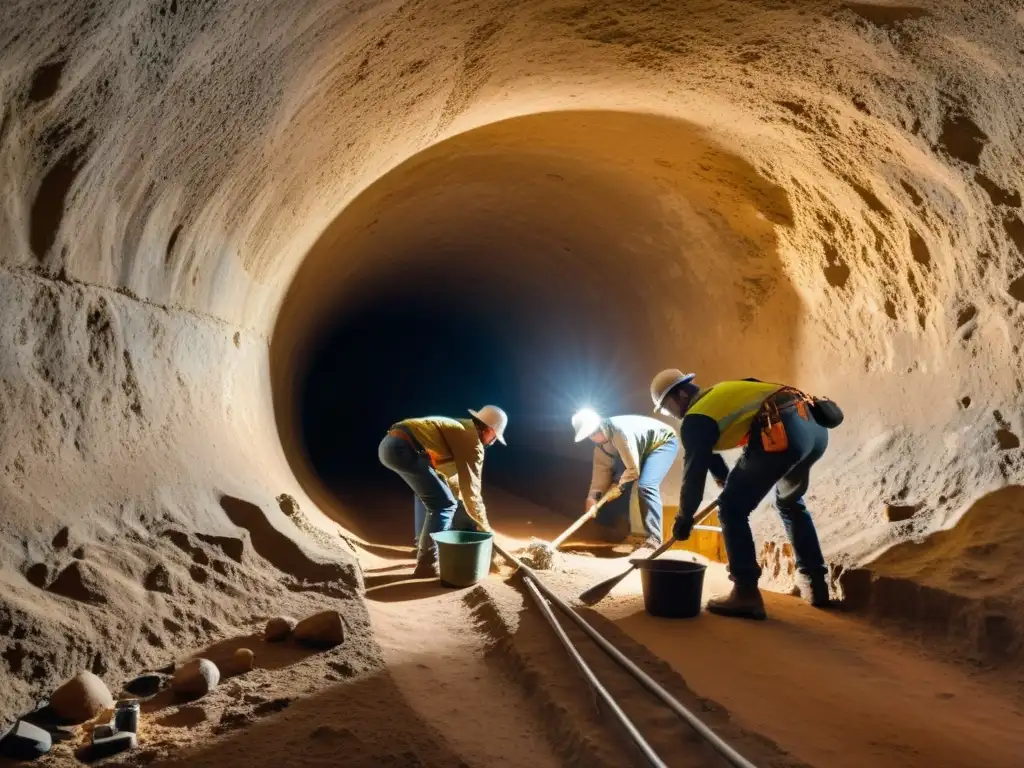 Un equipo de arqueólogos preserva con dedicación y reverencia un túnel histórico, iluminado por luz cálida