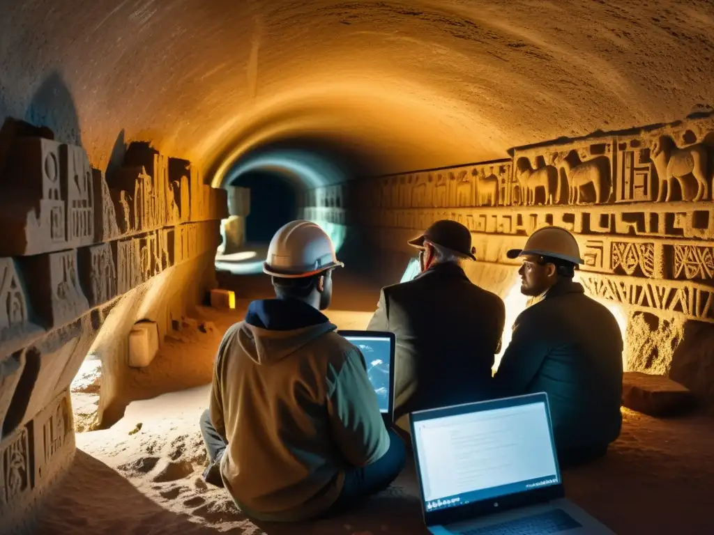 Exploración digital en un antiguo túnel: arqueólogos y ingenieros trabajando juntos Un equipo de arqueólogos y desarrolladores de software exploran un túnel histórico con tecnología avanzada