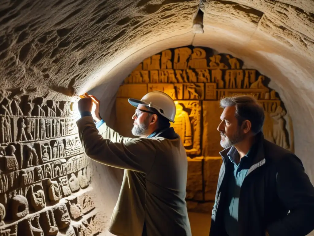 Un equipo de geólogos y arqueólogos explorando detalladas inscripciones en un túnel subterráneo, revelando la historia y cultura