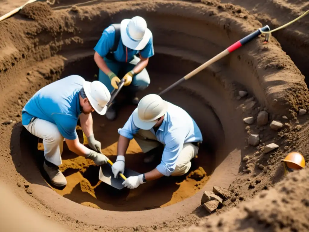 Equipo de arqueólogos usando detector de metal para búsqueda de artefactos, resaltando la meticulosidad en metalurgia para búsqueda de artefactos