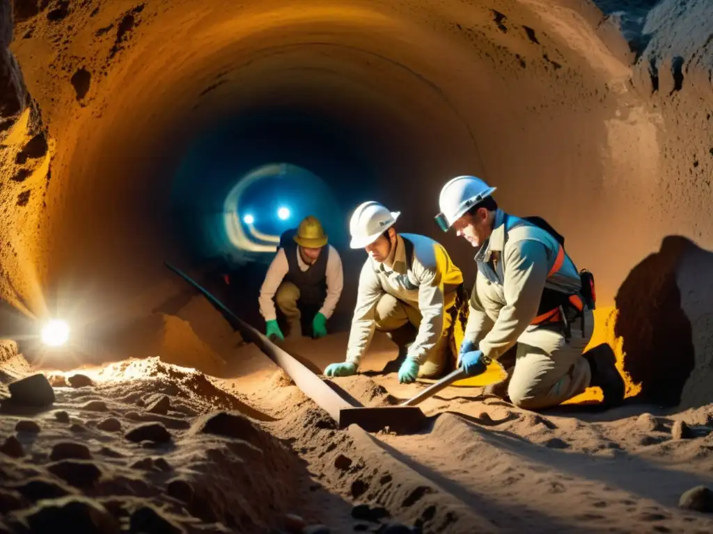 Un equipo de arqueólogos usando detectores de metales y excavando un túnel histórico con meticulosidad