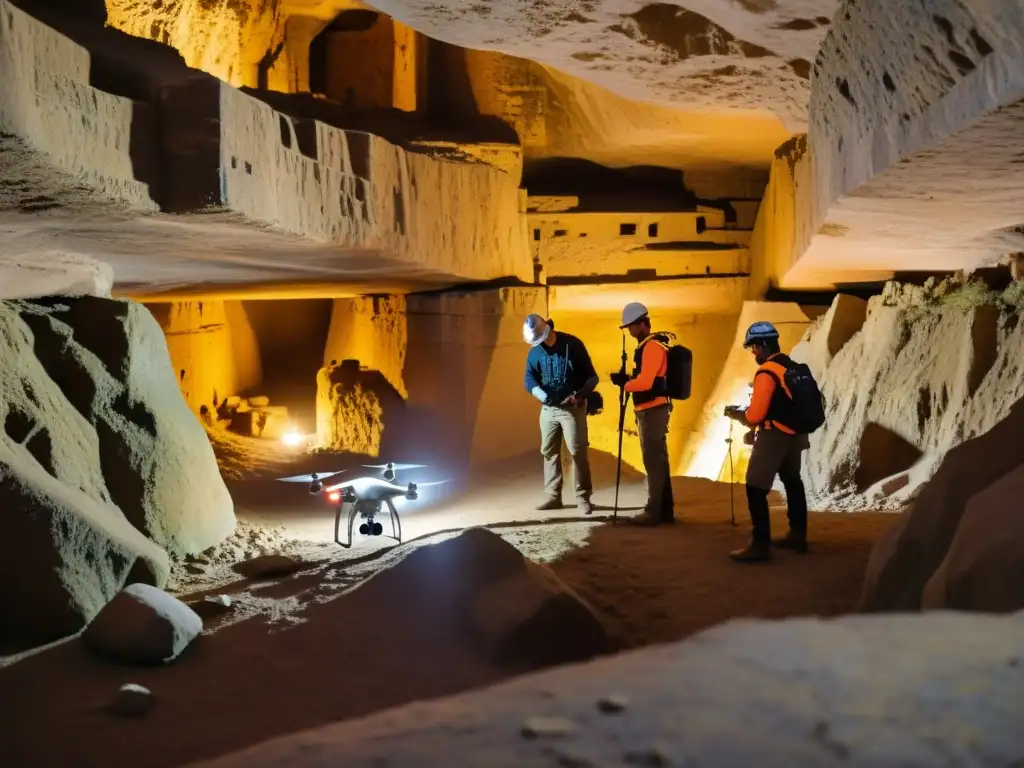 Equipo de arqueólogos utiliza dron en sitio histórico, combinando tecnología moderna y normativa ética en exploración subterránea