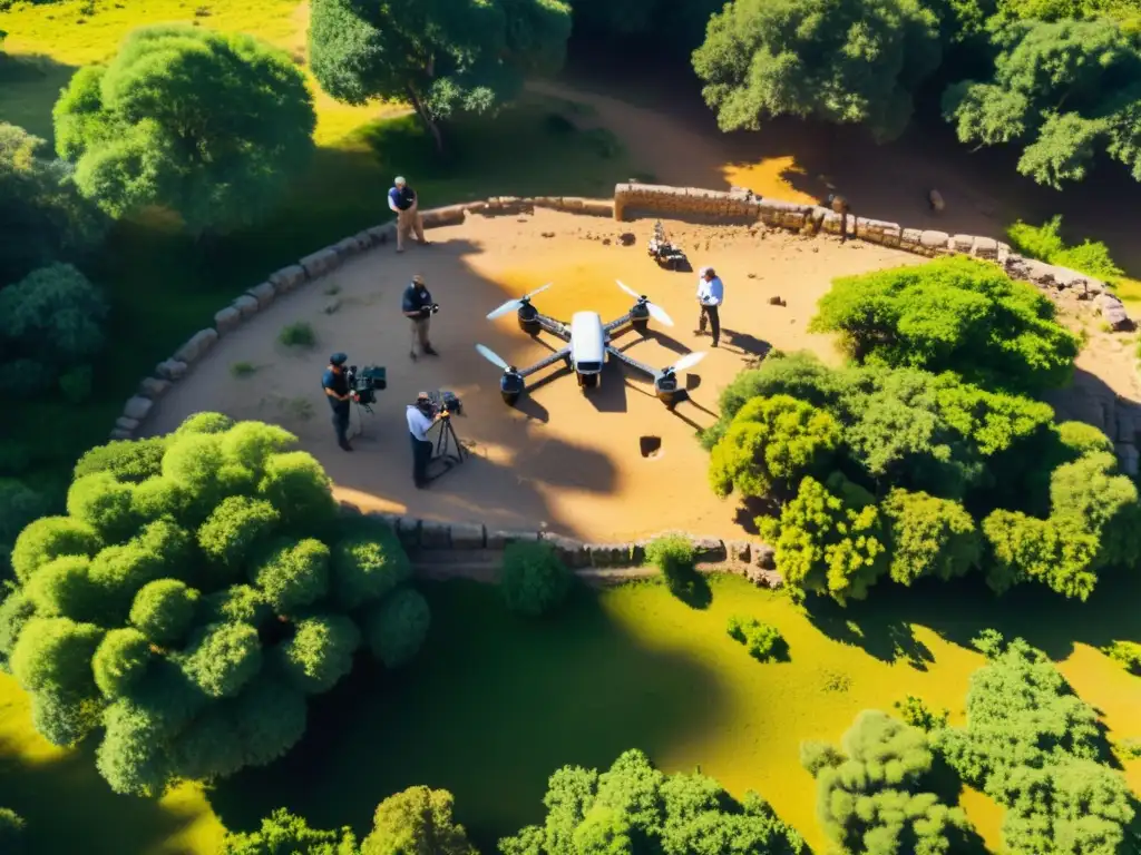 Equipo de arqueólogos utiliza drones para mapear sitio histórico, integrando tecnología en investigación histórica