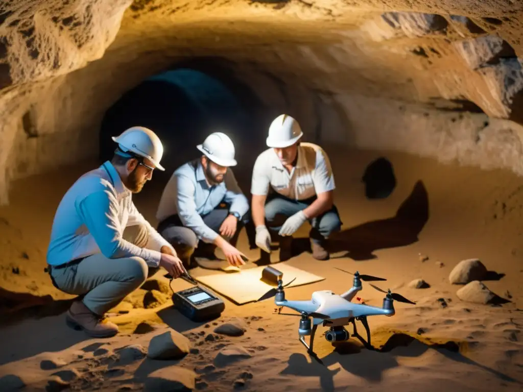 Un equipo de arqueólogos utilizando drones para explorar y mapear un sitio histórico subterráneo