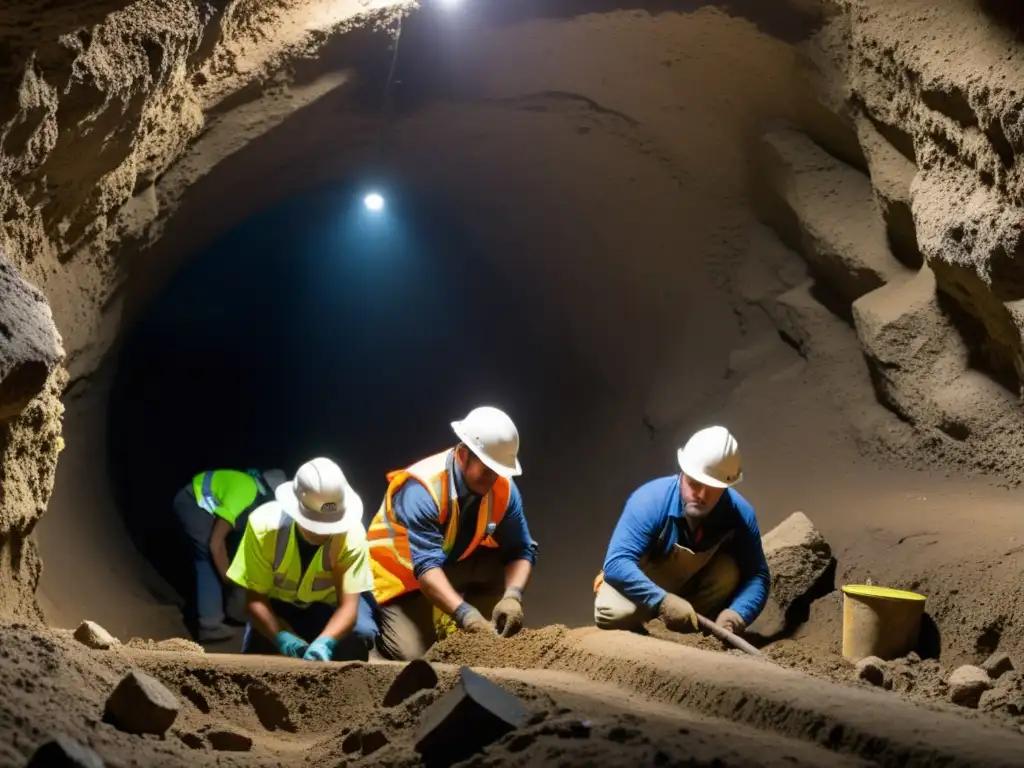 Equipo de arqueólogos excavando un estrecho túnel subterráneo con cuidado, mostrando la meticulosidad y peligro de su labor