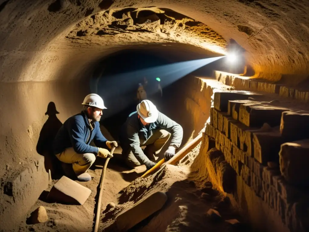 Un equipo de arqueólogos excavando un estrecho túnel subterráneo, rodeados de antiguos artefactos y grabados