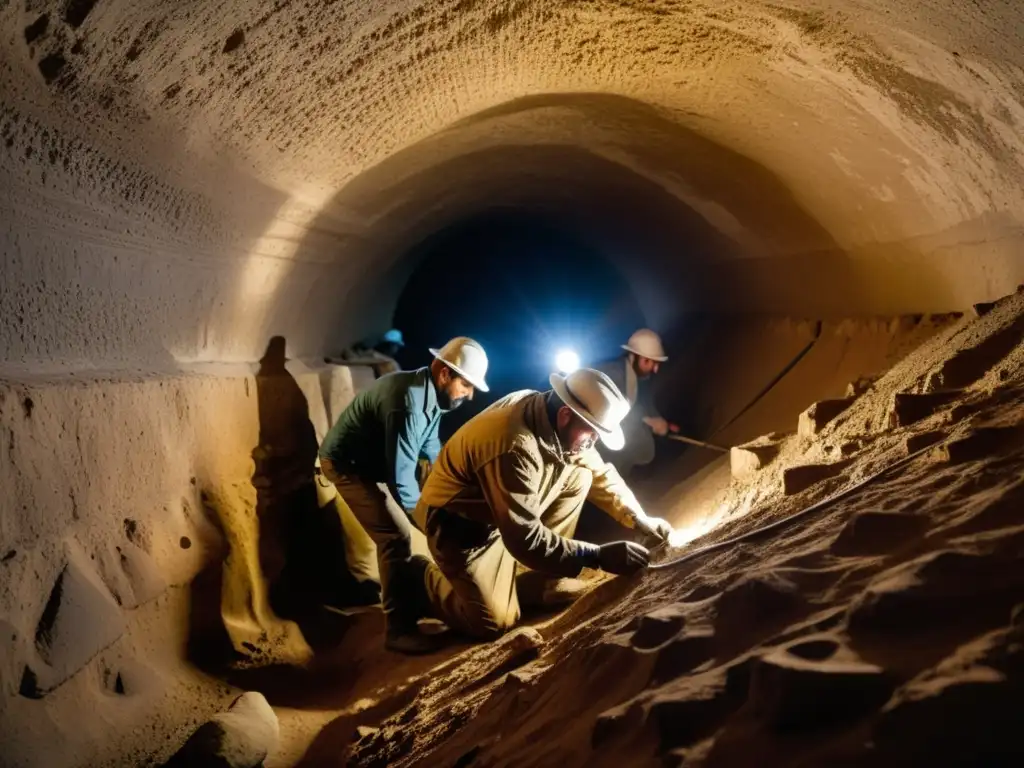 Equipo de arqueólogos explorando un estrecho túnel subterráneo en Mesopotamia, revelando antiguos secretos