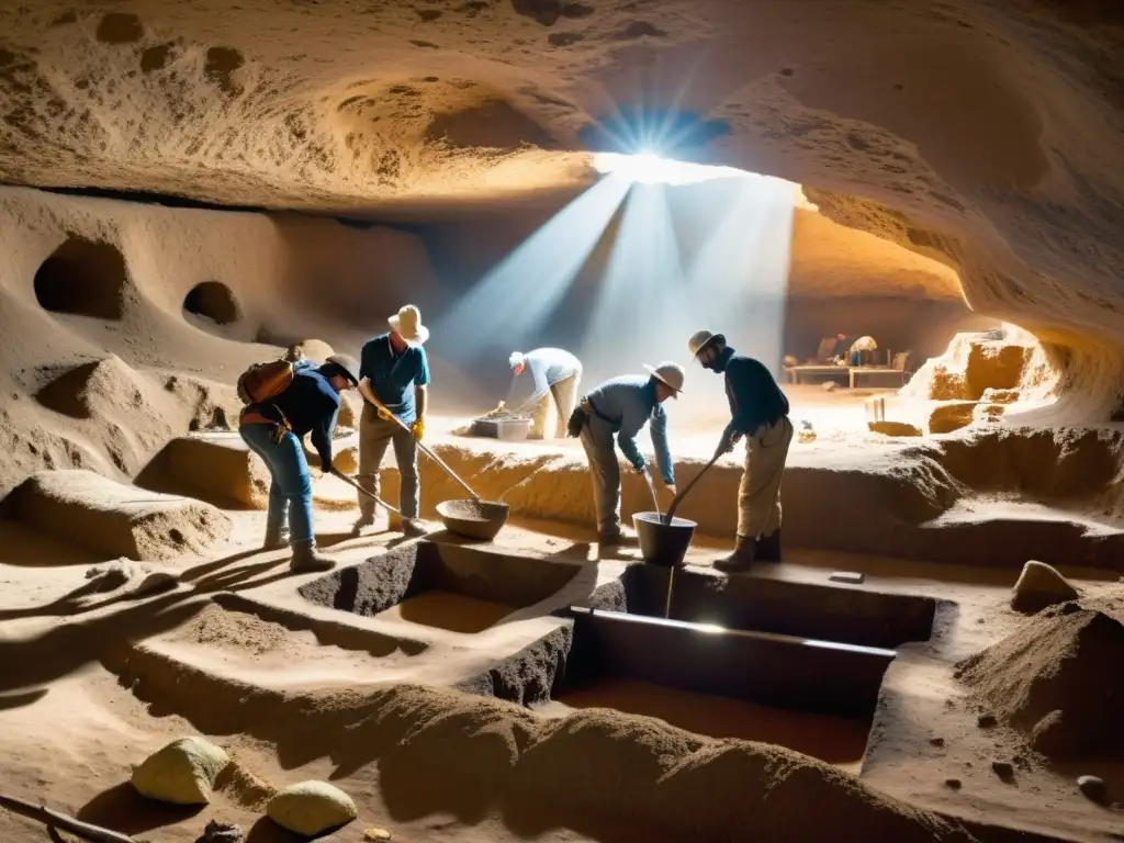 Equipo de arqueólogos realizando una excavación subterránea con delicadeza, iluminados por luz natural