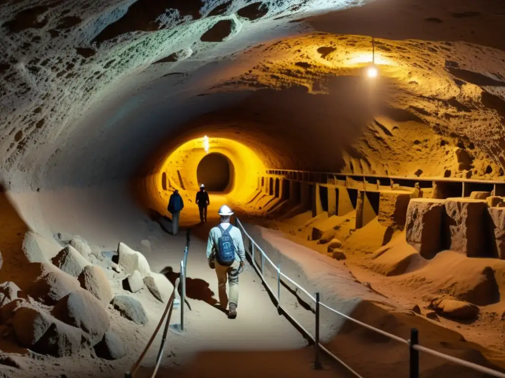 Equipo de arqueólogos y expertos en preservación utilizando tecnología 3D para documentar y preservar un sitio arqueológico subterráneo, destacando la fusión de tradición e innovación en la preservación del patrimonio subterráneo