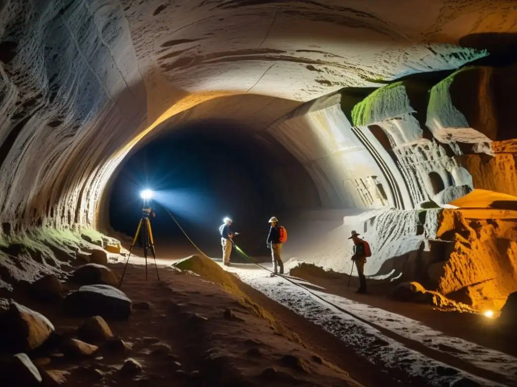 Un equipo de arqueólogos utiliza herramientas de mapeo 3D en un túnel subterráneo, revelando antiguas marcas y grabados en la piedra