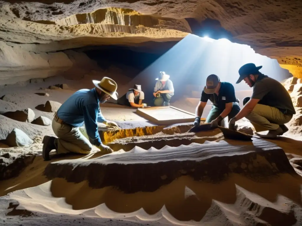 Equipo de arqueólogos descubre historia de la estratigrafía subterránea en excavación meticulosa, con luz dramática y expresiones enfocadas