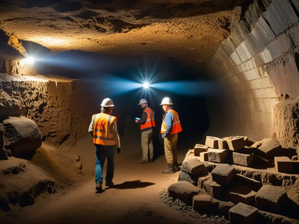 Equipo de arqueólogos y historiadores explorando un antiguo túnel comercial, iluminado con linternas frontales