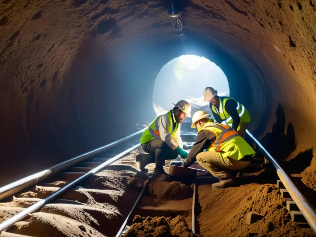 Un equipo de arqueólogos y historiadores excavando con cuidado un túnel histórico, revelando secretos del pasado